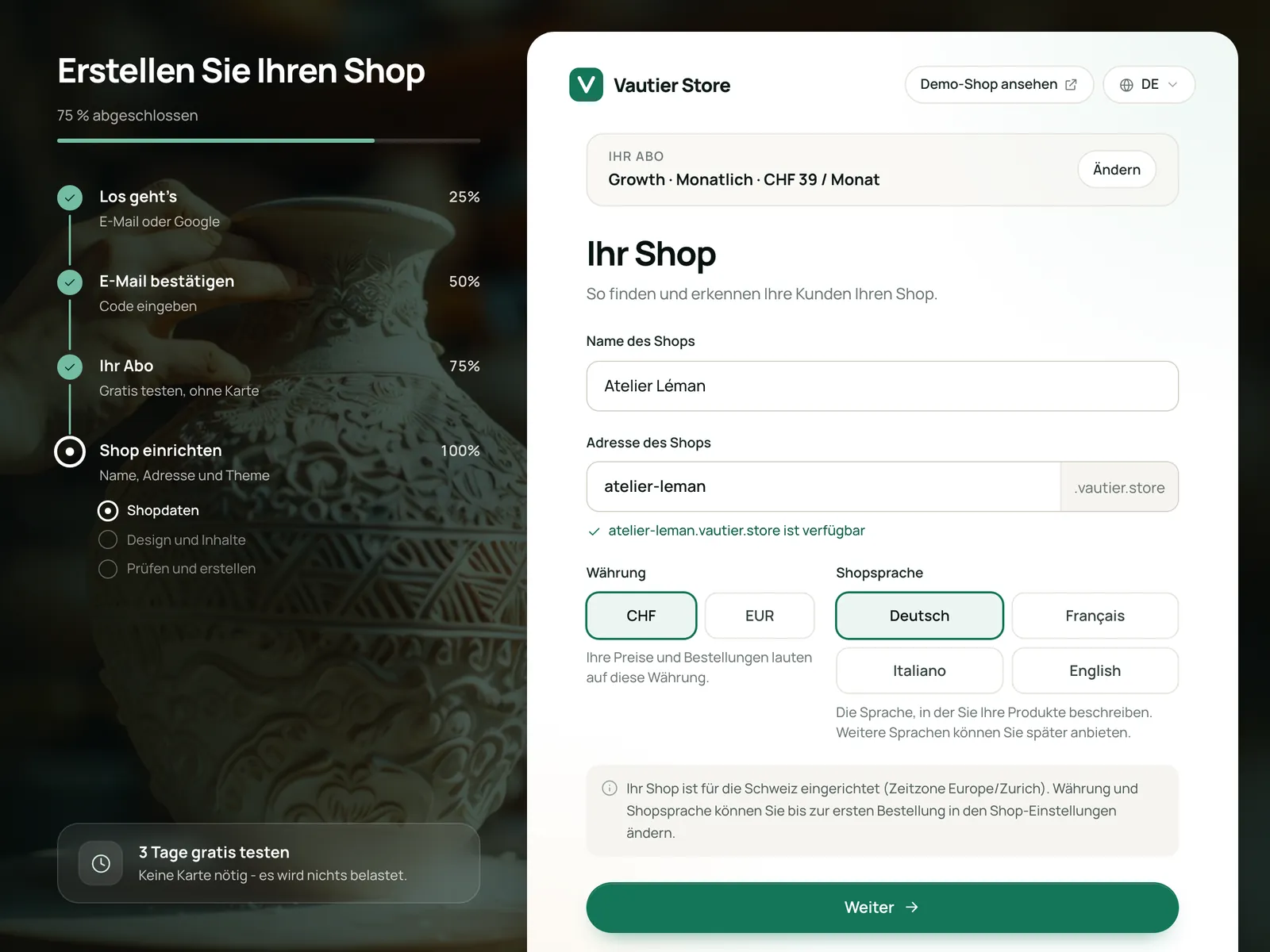 Die Vautier-Store-Einrichtung: Shopname, Adresse, Währung und Shopsprache